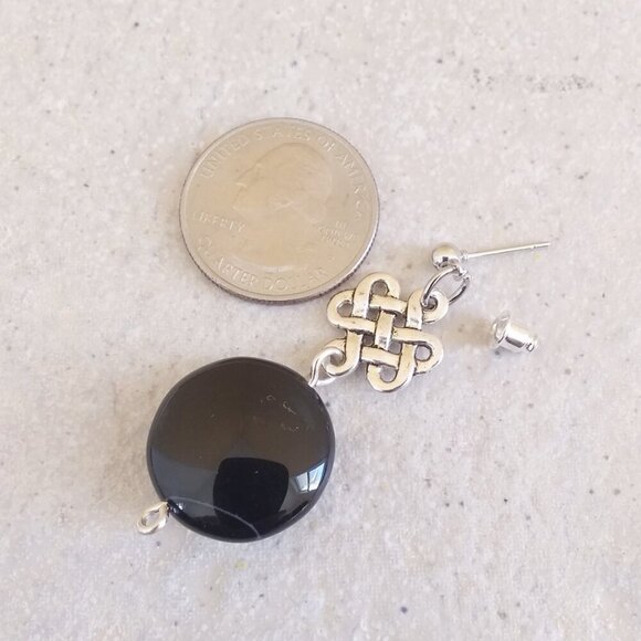 Sleek Black Agate Coin Posts Earrings ~ Protection Grounding Balance - Picture 2 of 8